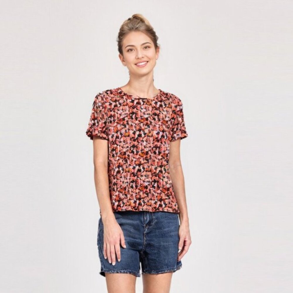 Tradition Ditsy Floral Short Sleeve Blouse Shirt Accordion Pleat Red Pink Black